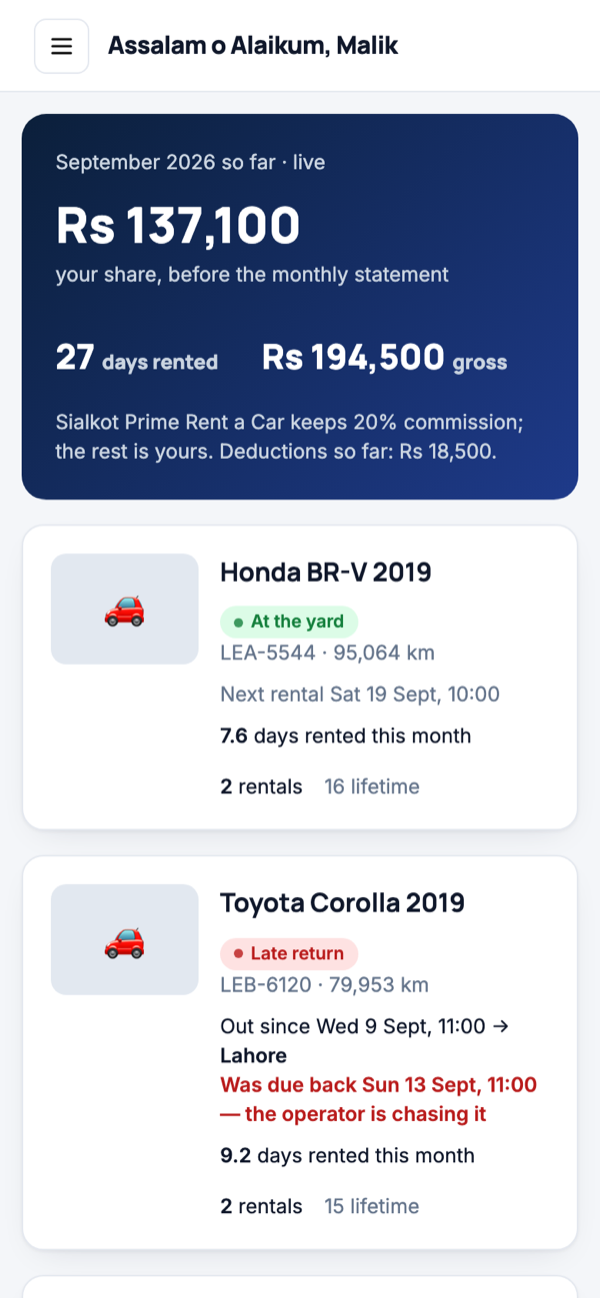 The car owner portal on a phone: days rented, money earned, deductions